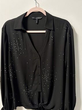 White House Black Market Black Long-Sleeve Button Front Blouse with Stud Detail